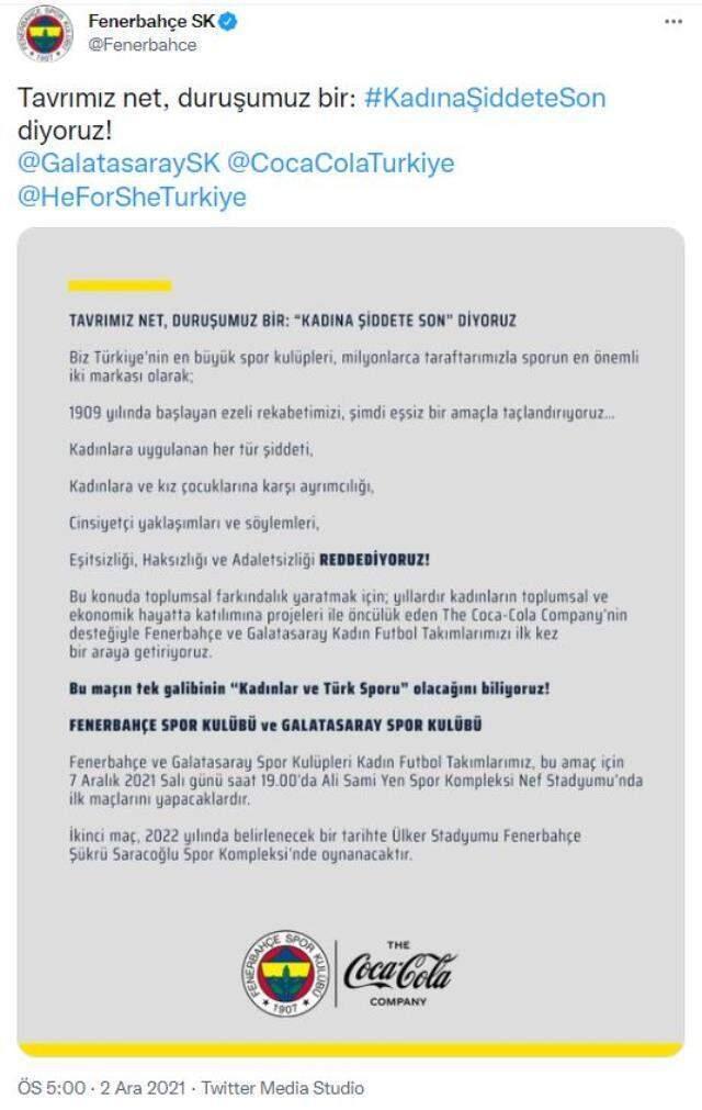 Fenerbahçe ve Galatasaray, 'Kadına şiddete son' diyerek derbi maçına çıkacak! İşte karşılaşmanın tarihi