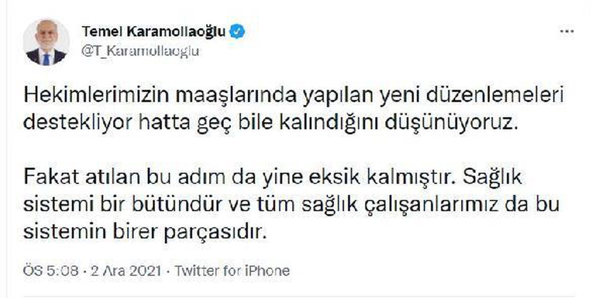 Karamollaoğlu\'ndan sağlıkçıların maddi haklarına yönelik düzenlemeyle ilgili açıklama Açıklaması