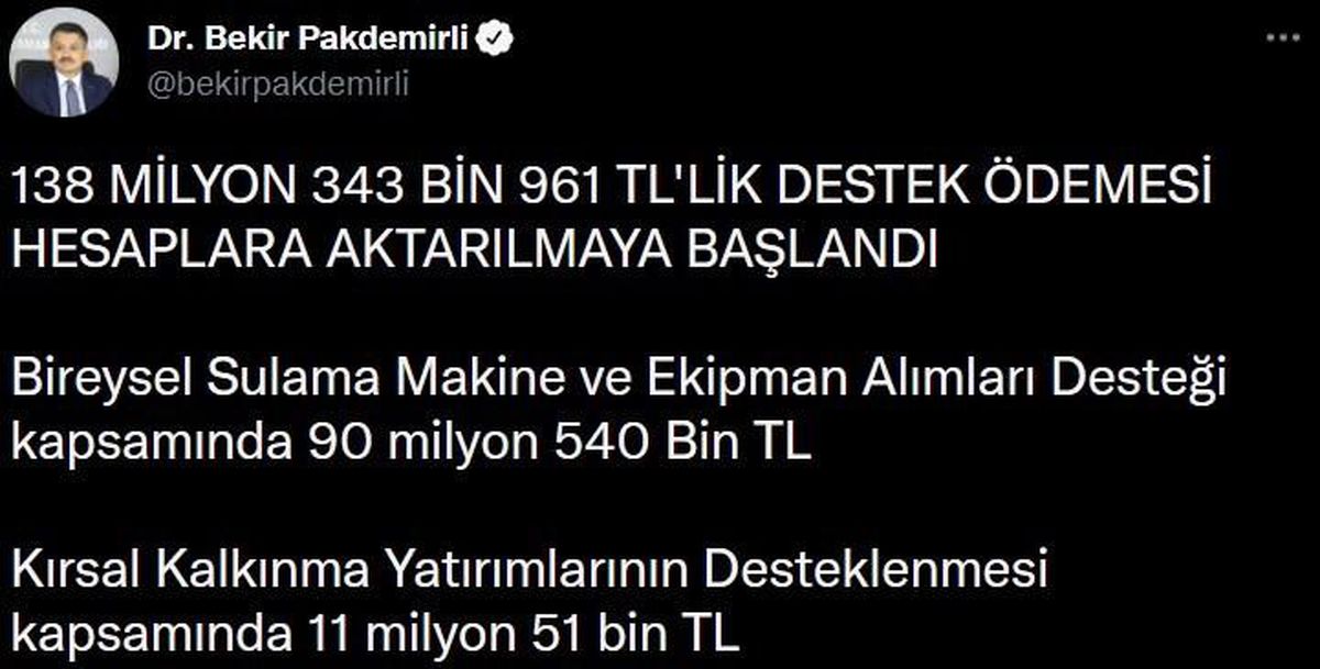 Son dakika haber... Bakan Pakdemirli: "138 milyon 343 bin liralık destek ödemesi hesaplara aktarılmaya başlandı"