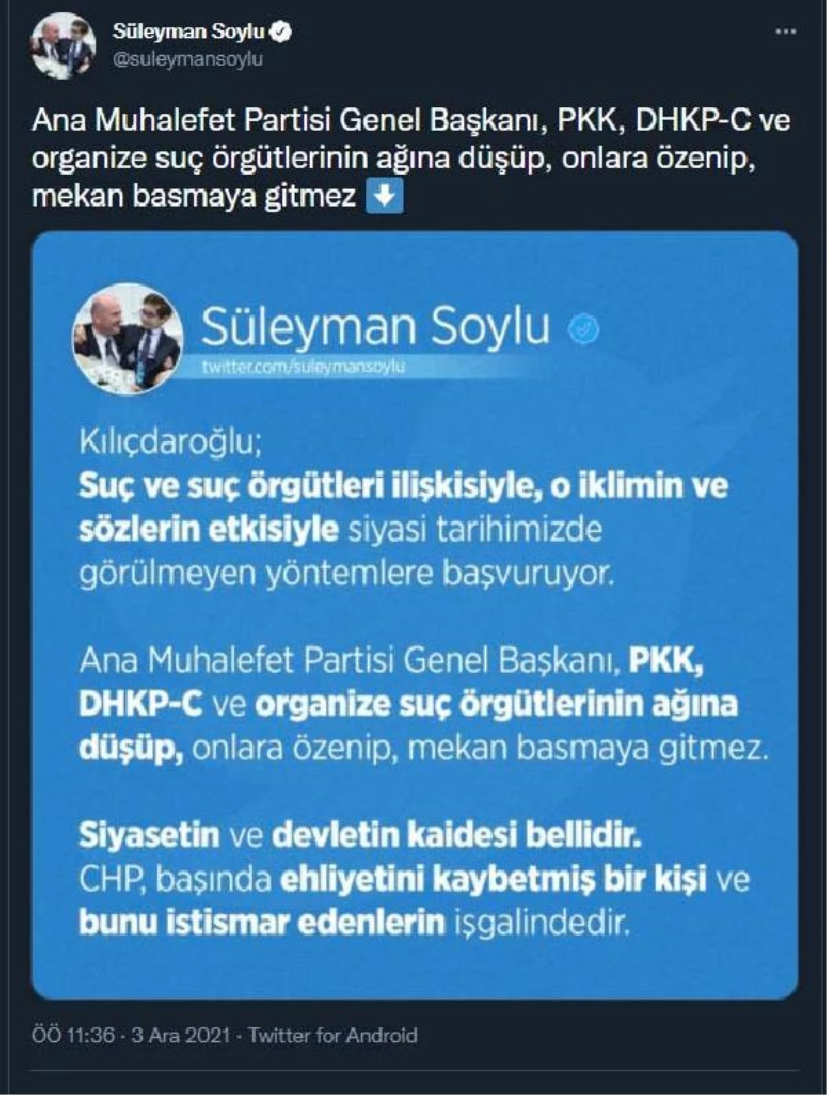 İçişleri Bakanı Soylu\'dan CHP Genel Başkanı Kılıçdaroğlu\'na tepki Açıklaması