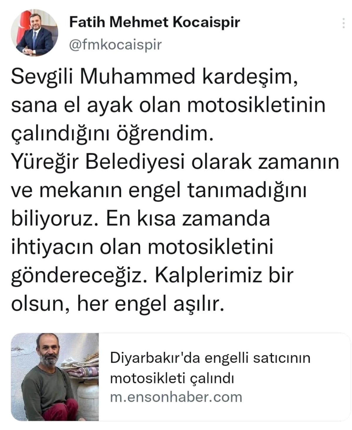 Yüreğir Belediye Başkanı Kocaispir motosikleti çalınan engelliye sahip çıktı