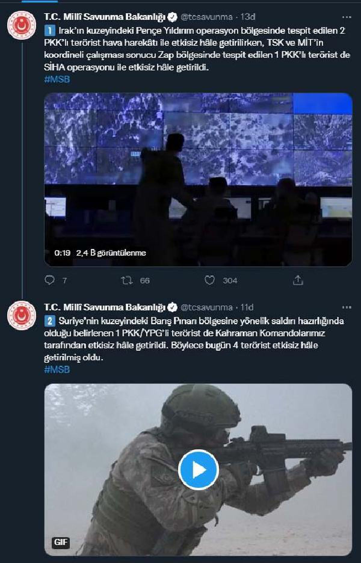Irak ve Suriye\'nin kuzeyinde düzenlenen operasyonlarda 4 terörist etkisiz hale getirildi