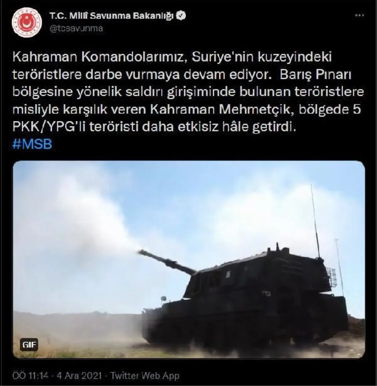 Son dakika haber | Milli Savunma Bakanlığı, Barış Pınarı bölgesine yönelik saldırı girişiminde bulunan 5 PKK/YPG\'li teröristin etkisiz hale getirildiğini bildirdi.