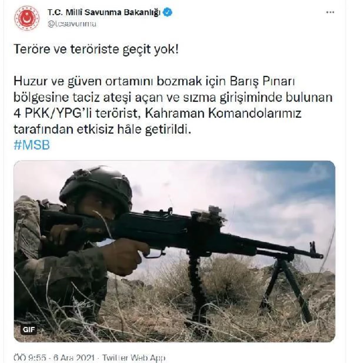 MSB: 4 PKK/YPG\'li terörist, etkisiz hale getirildi
