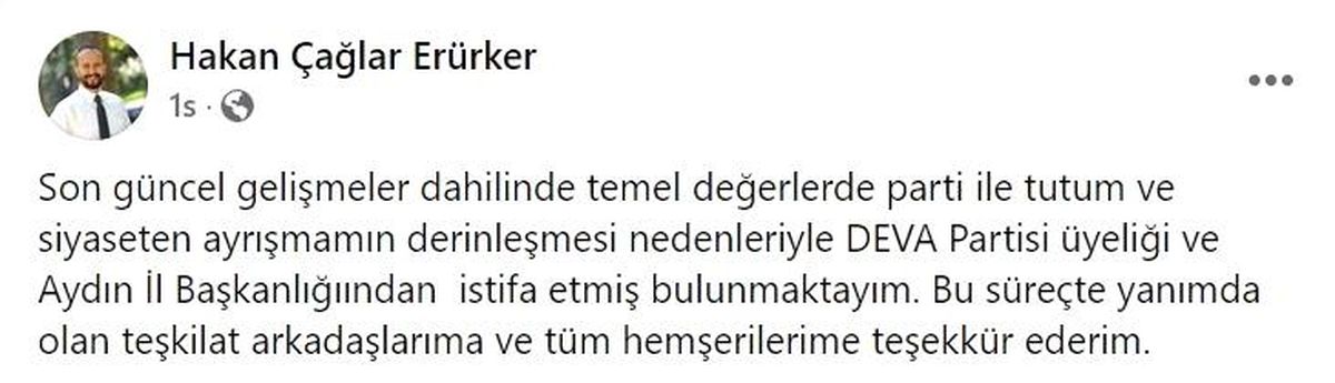 DEVA Partisi Aydın İl Başkanı istifa etti