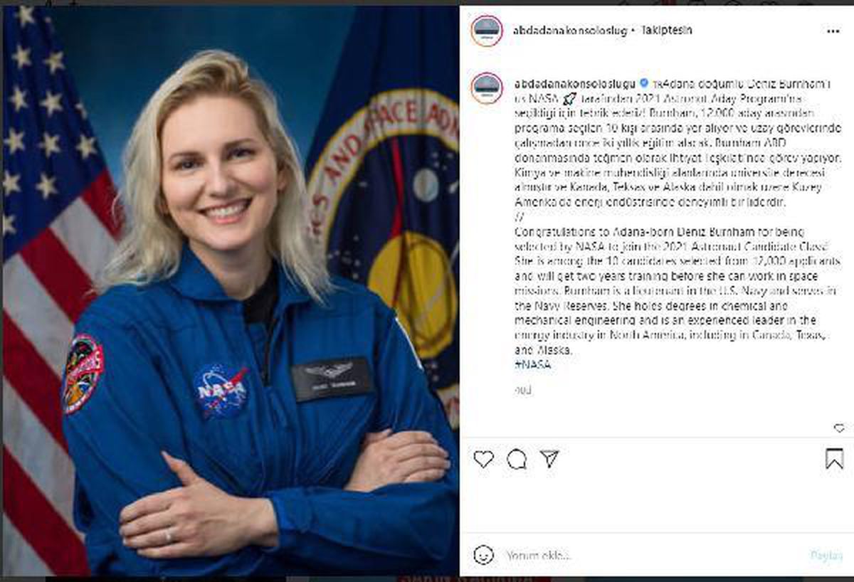 ABD Adana Konsolosluğundan NASA Astronot Aday Programına seçilen Burnham\'a tebrik