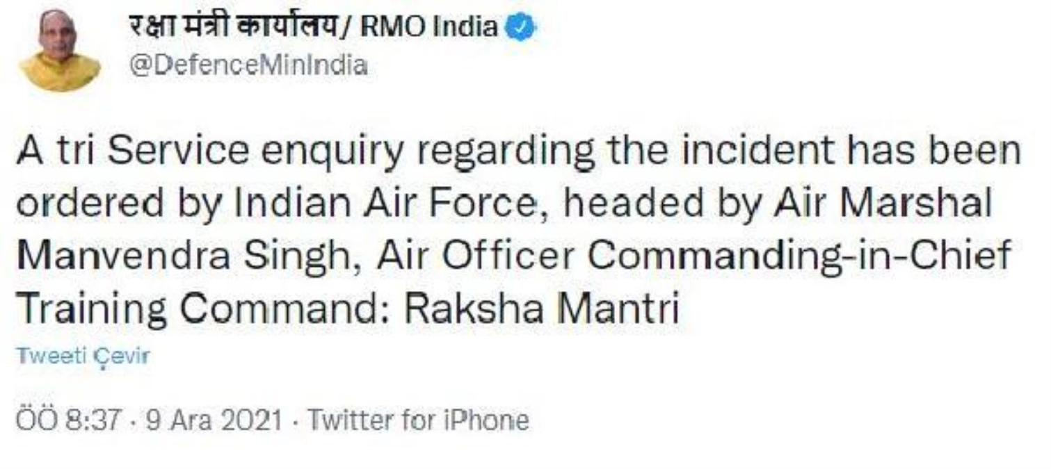 Hindistan Savunma Bakanı Mantri\'den \'helikopter kazası\' açıklaması