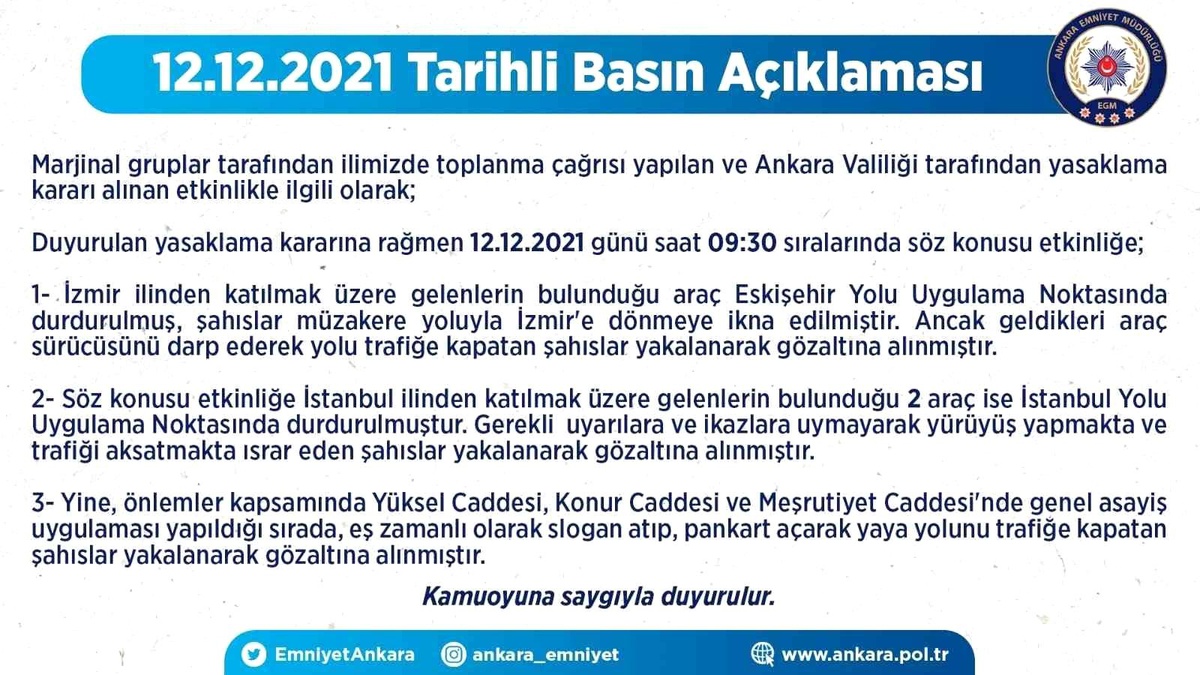 Ankara Emniyet Müdürlüğü\'nden izinsiz gösteri yapmak isteyen kişiler hakkında açıklama
