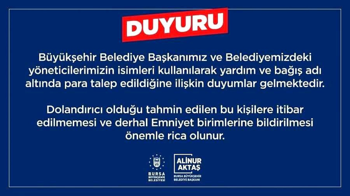 Bursa Büyükşehir Belediyesi\'nden uyarı