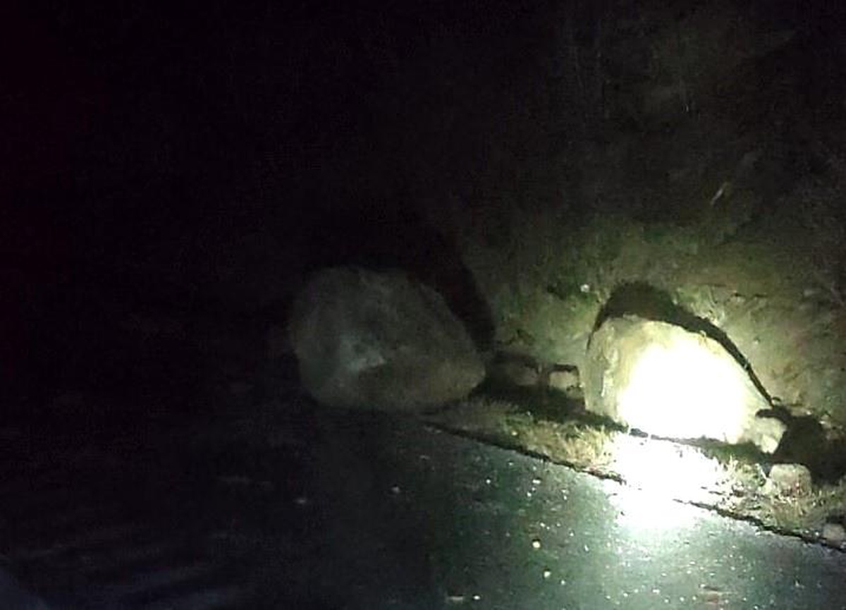 Kamyon yola düşen kaya parçasına çarptı, sürücü ölümden döndü