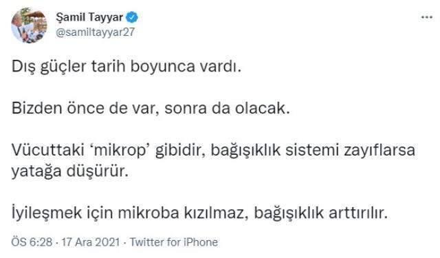 AK Partili Şamil Tayyar'dan partisine 'Dış güç' eleştirisi: İyileşmek için mikroba kızılmaz, bağışıklık arttırılır