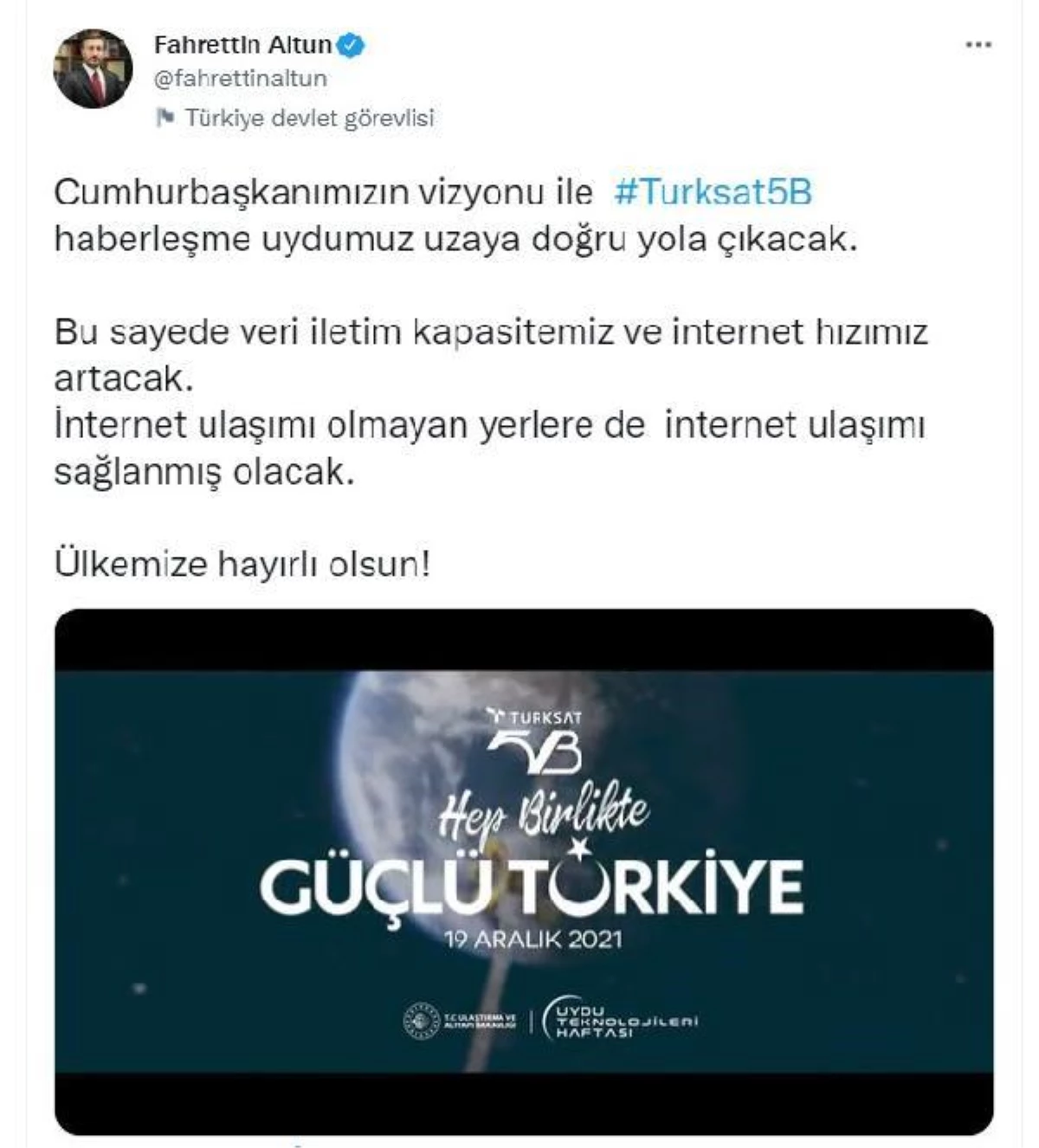 İletişim Başkanı Altun\'dan Türksat 5B paylaşımı Açıklaması