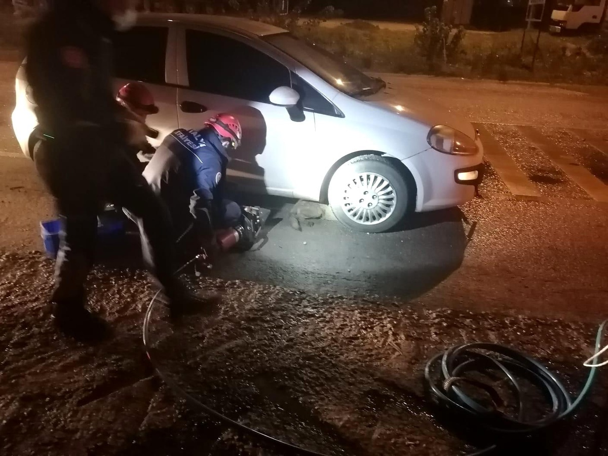 Arabanın çarptığı köpek, ön tekerleğe sıkıştı