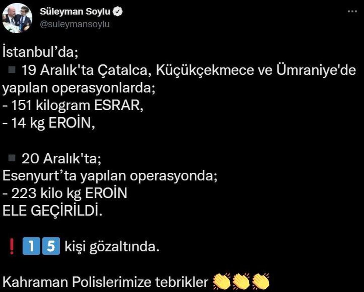 Son dakika: Bakan Soylu: "İstanbul\'da 151 kilogram esrar ve 237 kilogram eroin yakalayan kahraman polislerimizi tebrik ediyorum"