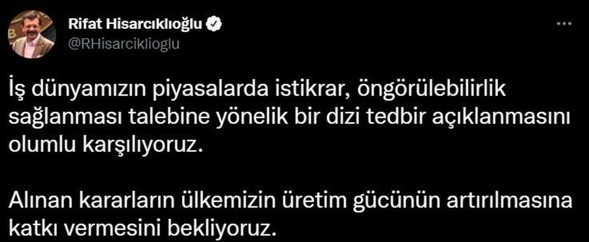 TOBB Başkanı Hisarcıklıoğlu: "Yapılan bir dizi tedbir açıklanmasını olumlu karşılıyoruz"