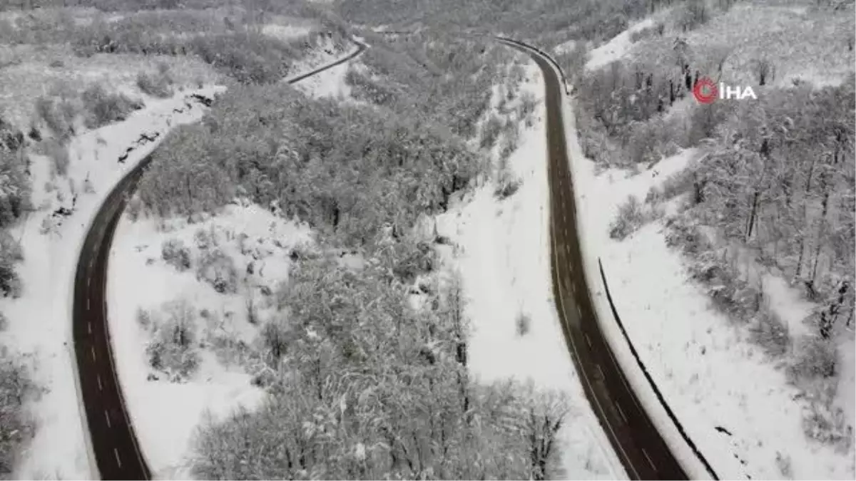 Karadeniz sahil yolunu çevreleyen ağaçlardan eşsiz kar manzarası
