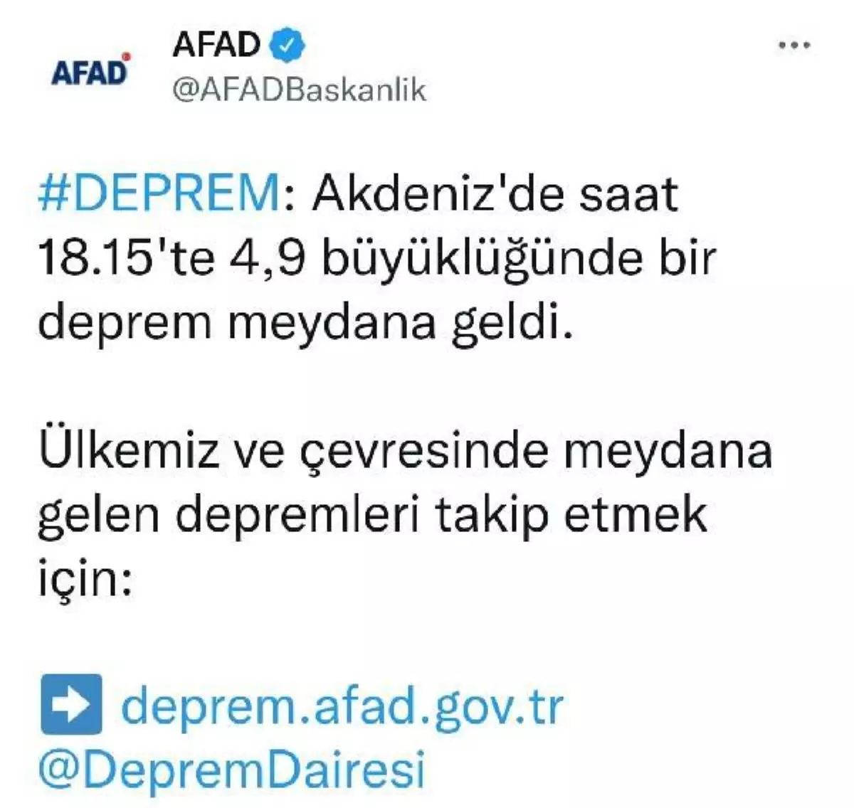 Akdeniz\'de 4.9 büyüklüğünde deprem