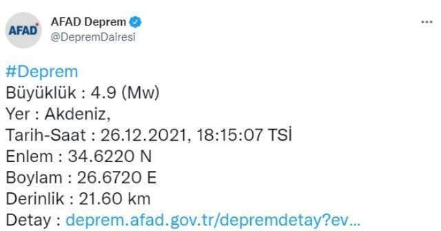 Akdeniz'de 4,9 büyüklüğünde deprem