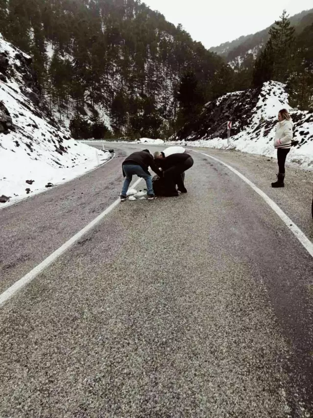 Yola düşen kaya parçası sürücülere zor anlar yaşattı