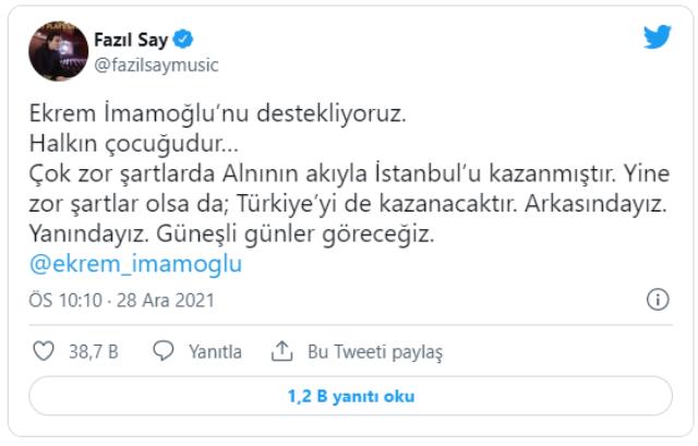 İBB'ye teftiş sonrası İmamoğlu'na bir destek de Fazıl Say'dan: İstanbul'u kazanmıştır, Türkiye'yi de kazanacaktır