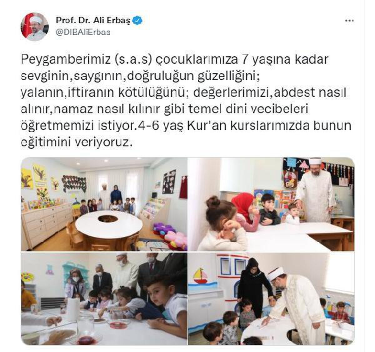 Diyanet İşleri Başkanı Erbaş\'tan 4-6 yaş Kur\'an kursu paylaşımı