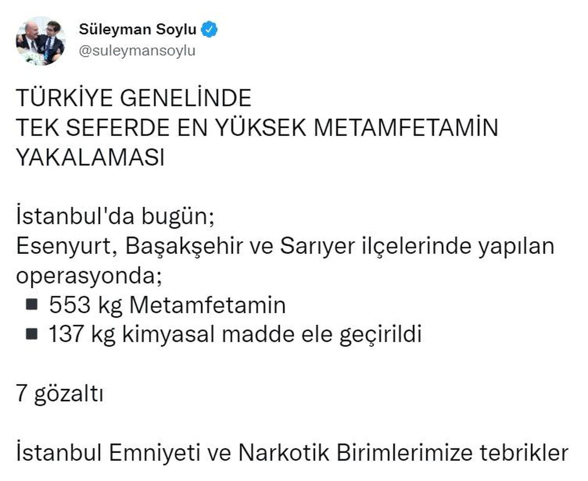 Bakan Soylu, tek seferde en yüksek metamfetaminin yakalandığını duyurdu