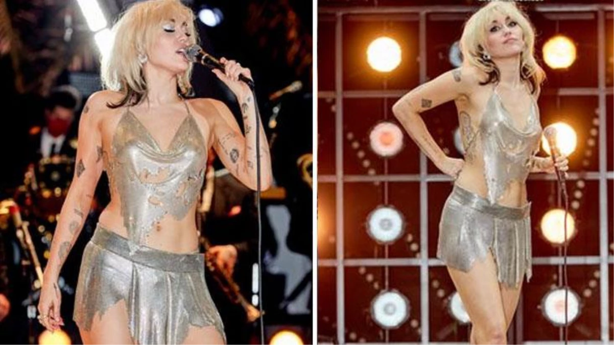 Bluzu düşen genç şarkıcı Miley Cyrus, sahnede çıplak kaldı