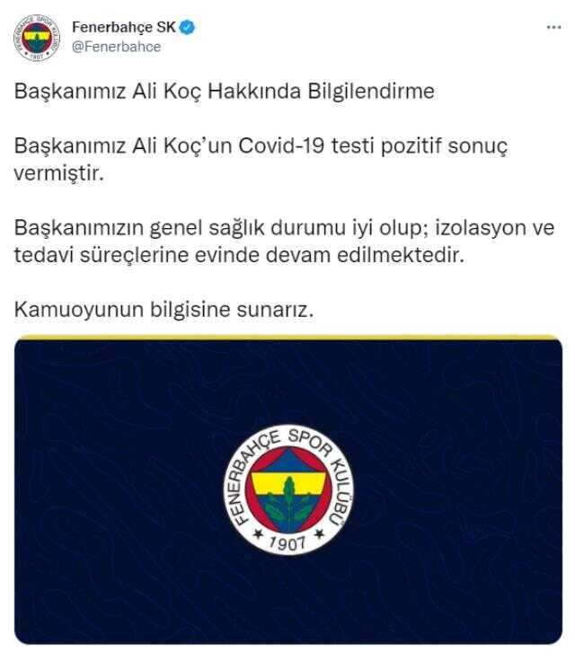 Fenerbahçe Başkanı Ali Koç koronavirüse yakalandı