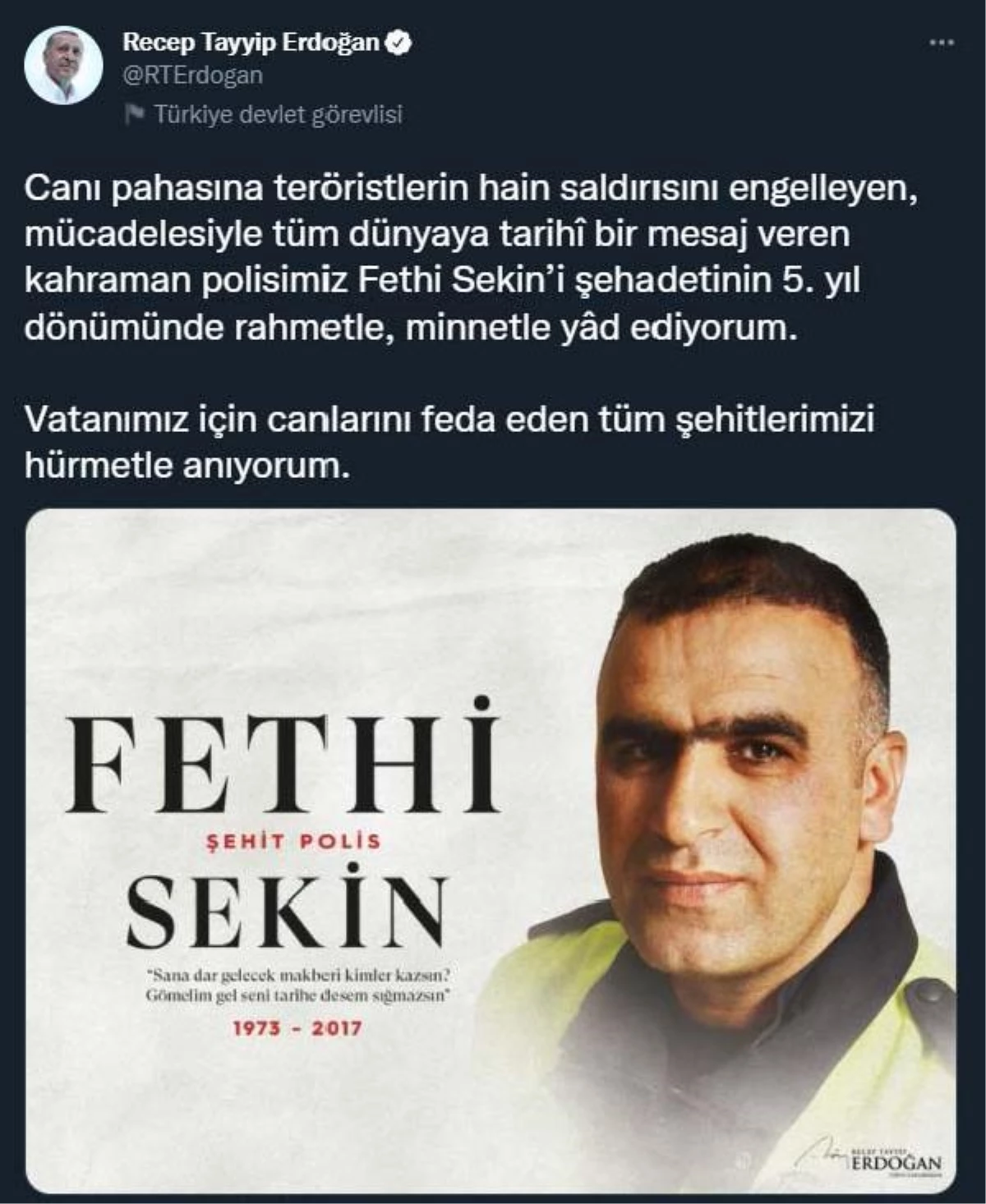 Cumhurbaşkanı Erdoğan\'dan \'Fethi Sekin\' paylaşımı