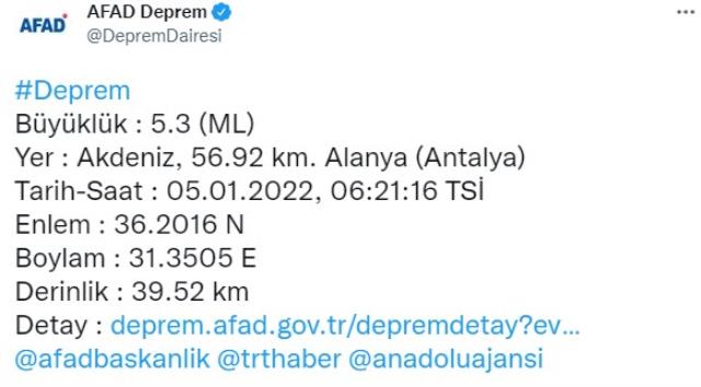 Son dakika! Antalya'nın Alanya ilçesi açıklarında 5,3 büyüklüğünde deprem