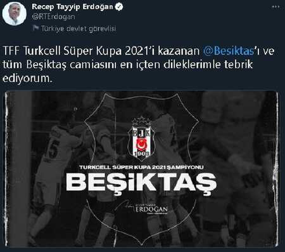 Cumhurbaşkanı Erdoğan\'dan Beşiktaş\'a \'Süper Kupa\' tebriği