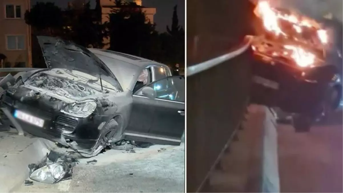 Bariyere çarpan lüks cip alev aldı, içindekiler yara almadan kurtuldu