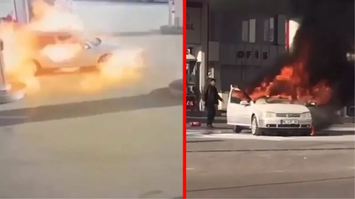 Benzin istasyonunda yakıt alan araç bir anda alev aldı