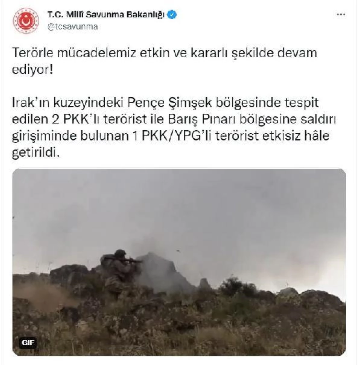 MSB: 3 PKK\'lı terörist etkisiz hale getirildi