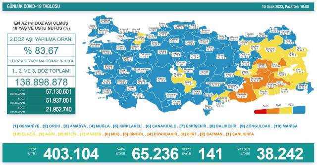 Son Dakika: Türkiye'de 10 Ocak günü koronavirüs nedeniyle 141 kişi vefat etti, 65 bin 236 yeni vaka tespit edildi