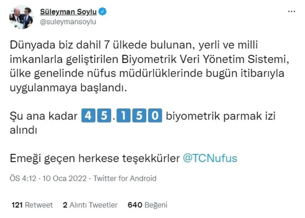 Soylu: "Biyometrik Veri Yönetim Sistemi ile 45 bin 150 biyometrik parmak izi alındı"