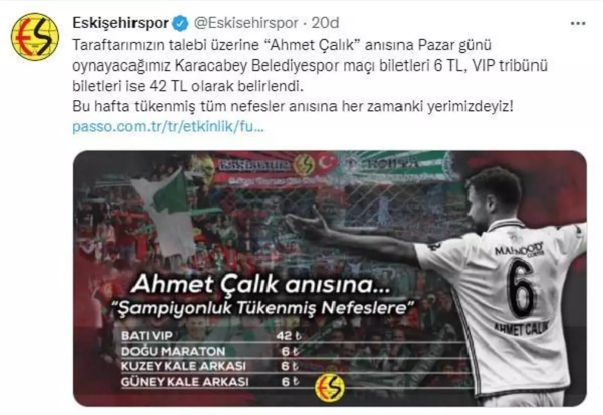 Eskişehirspor'dan Ahmet Çalık anısına bilet fiyatı düzenlemesi
