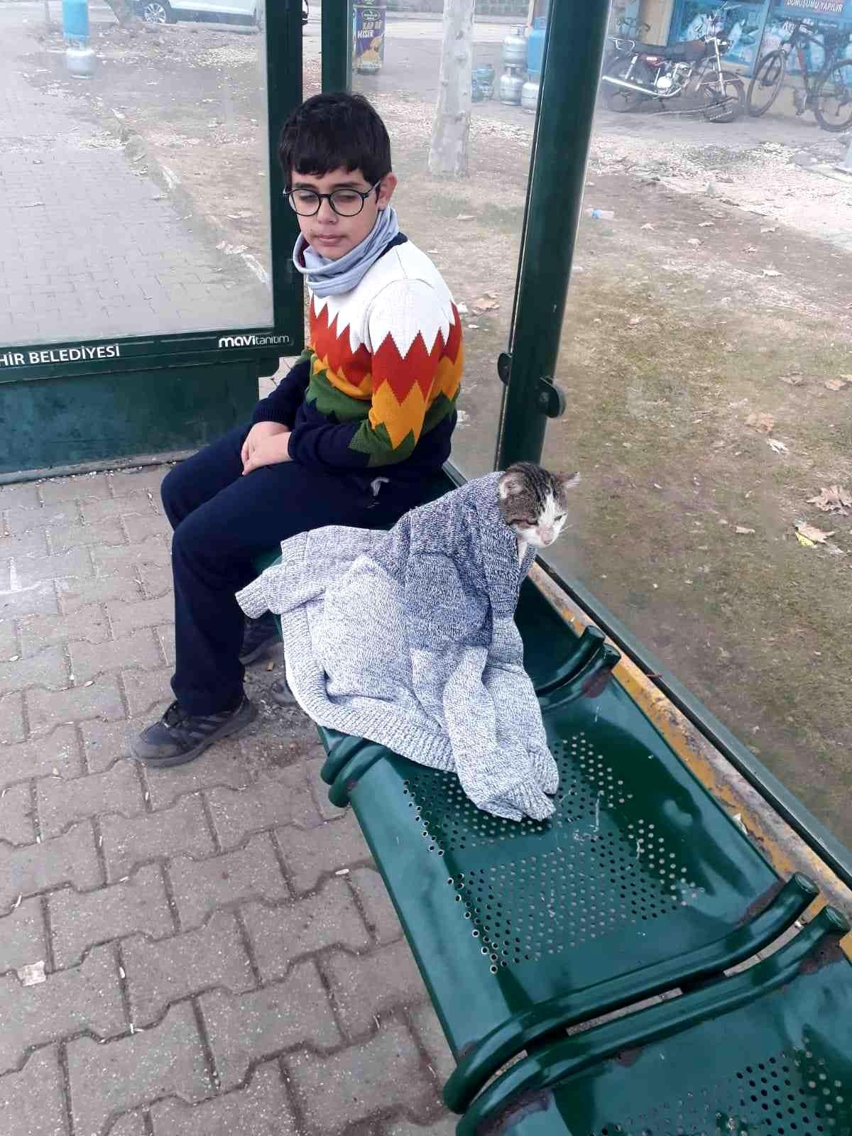 Soğukta üşüyen kediyi hırkasıyla ısıtmaya çalıştı