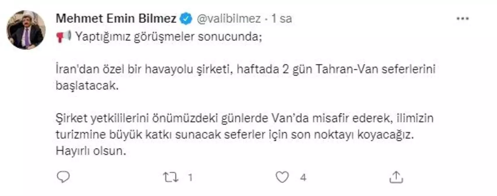 Vali Bilmez\'den Van-Tahran uçak seferi girişimi