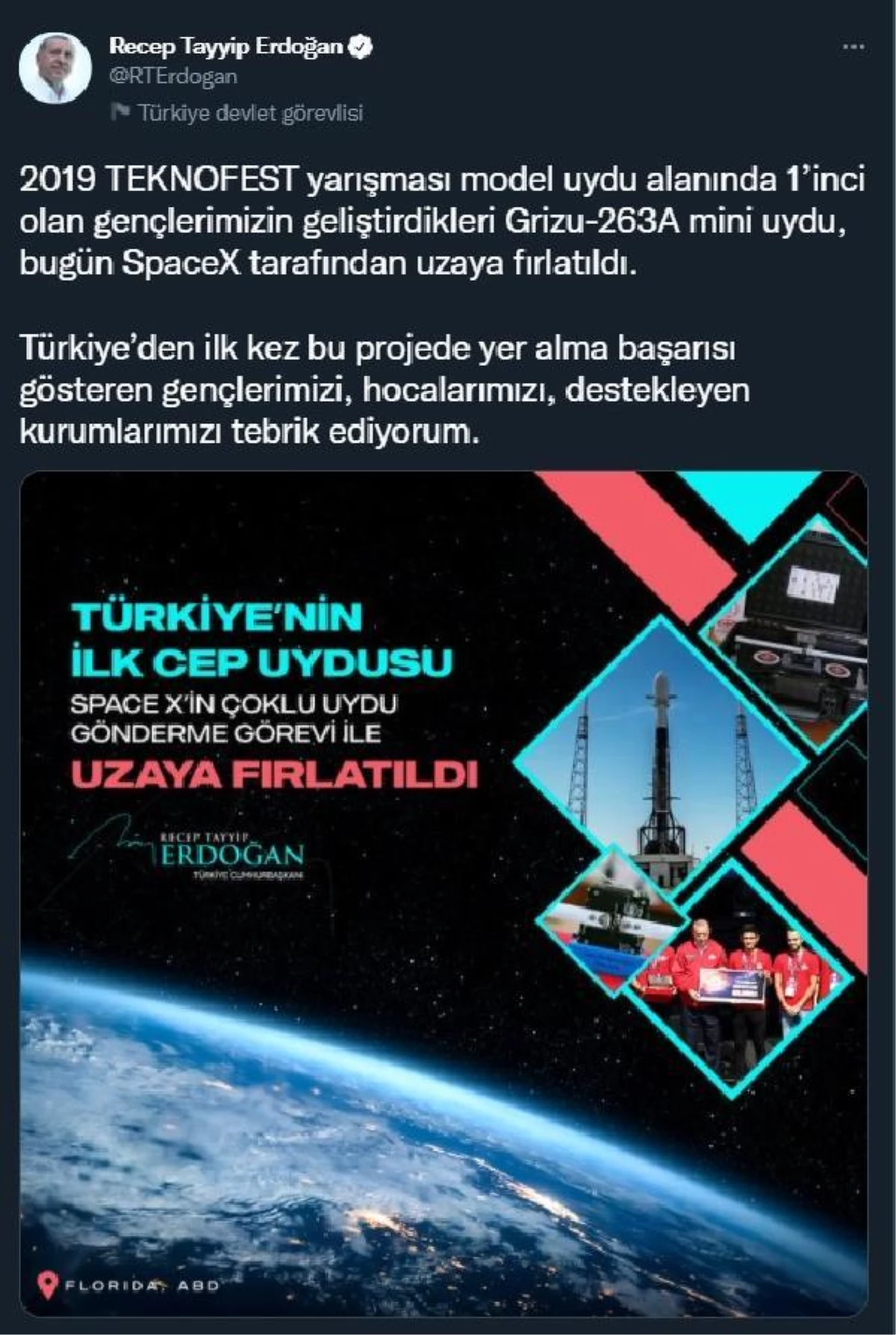 Cumhurbaşkanı Erdoğan\'dan \'Grizu-263A cep uydusu\' paylaşımı
