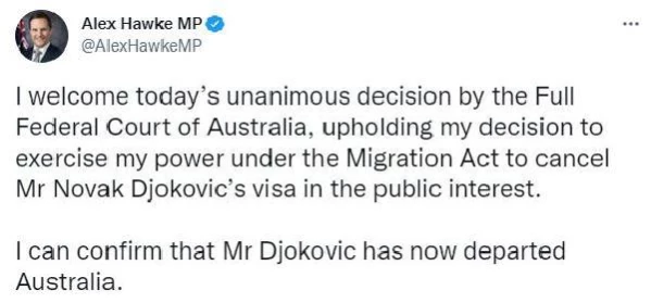 Son dakika spor: Avustralya Göç Bakanı: Djokovic'in ülkeden ayrıldığını doğrulayabilirim