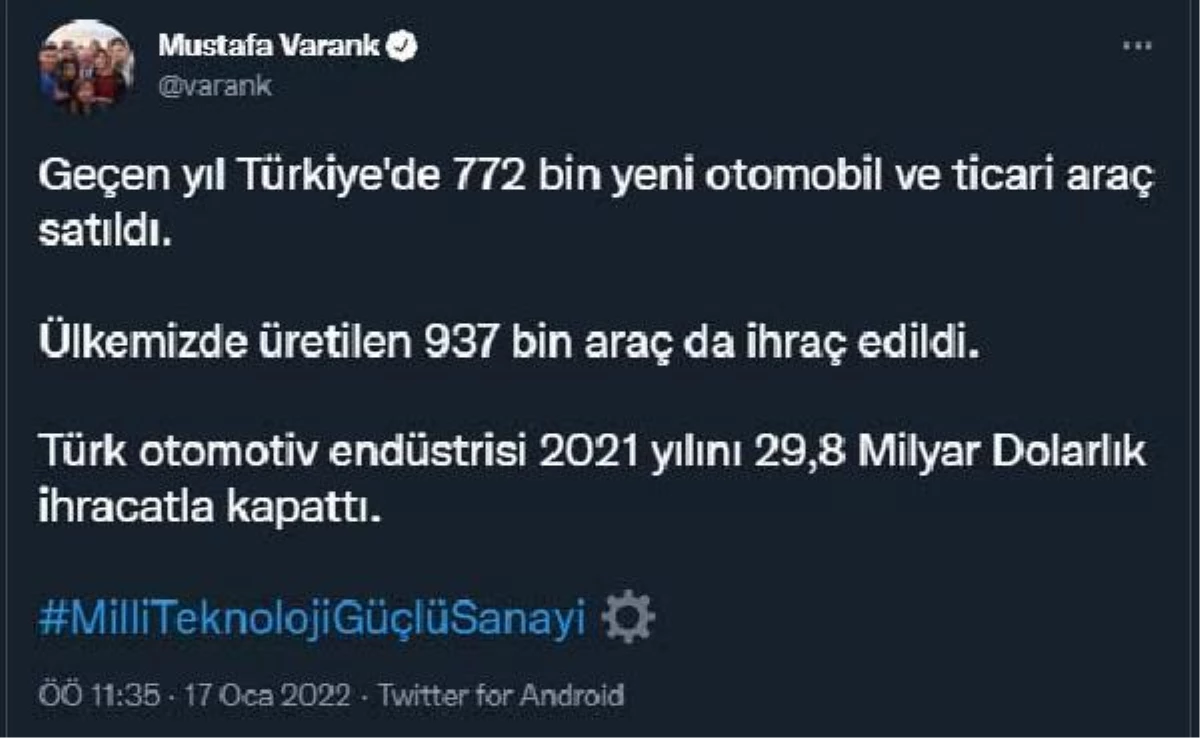 Bakan Varank, 2021\'de Türkiye\'de 772 bin yeni otomobil ve ticari aracın satıldığını bildirdi