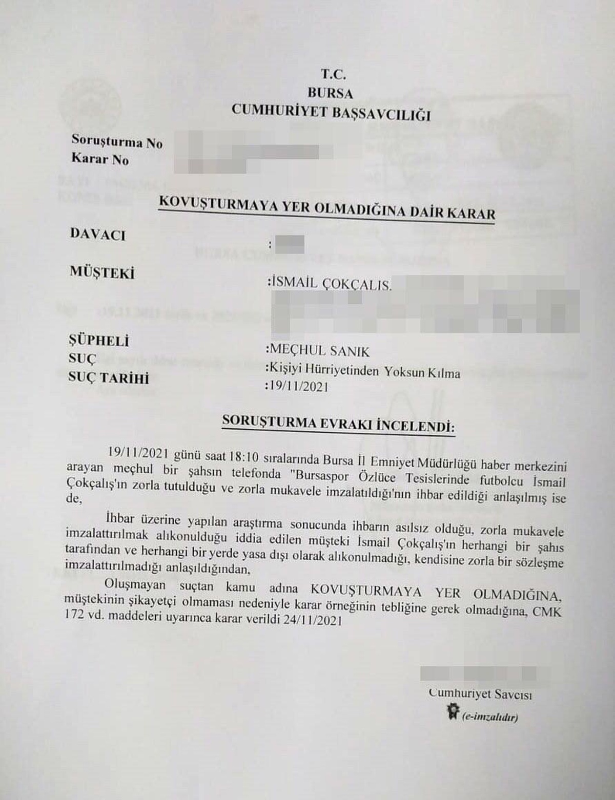 Bursaspor Kulübü\'nden yeni İsmail Çokçalış açıklaması