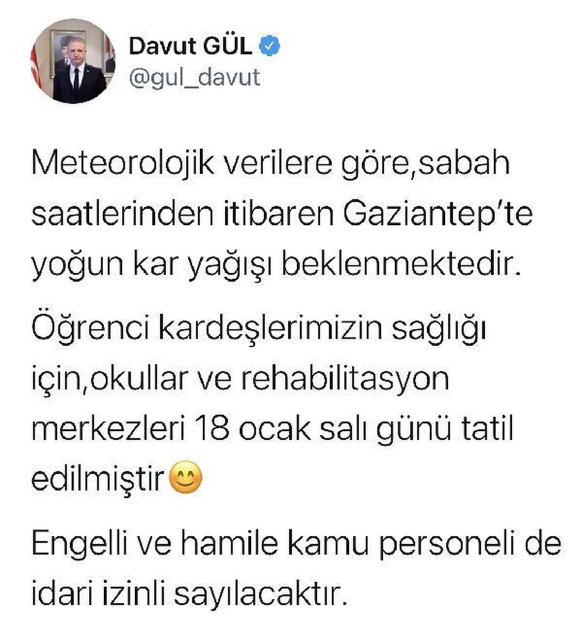 Gaziantep\'te eğitime kar tatili