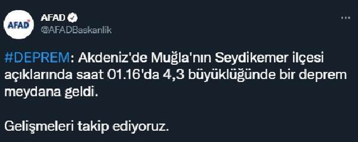 Muğla\'da 4.3 büyüklüğünde deprem