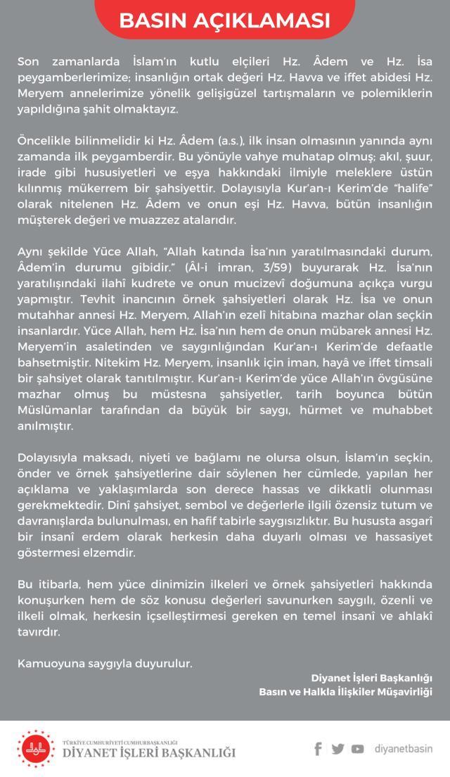 Son Dakika: Diyanet'ten Sezen Aksu'ya tepki: Hz. Adem ile Hz. Havva insanlığın ortak atalarıdır