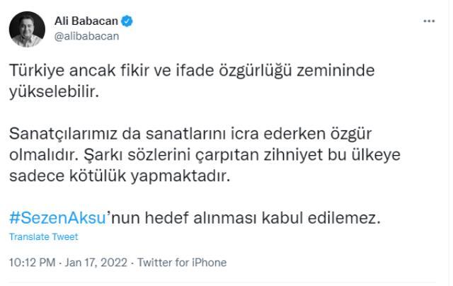 Tartışmalara Ali Babacan da katıldı! Sosyal medyadan attığı tweetle Sezen Aksu'ya destek çıktı Tartışmalara Ali Babacan da katıldı! Sosyal medyadan attığı tweetle Sezen Aksu'ya destek çıktı