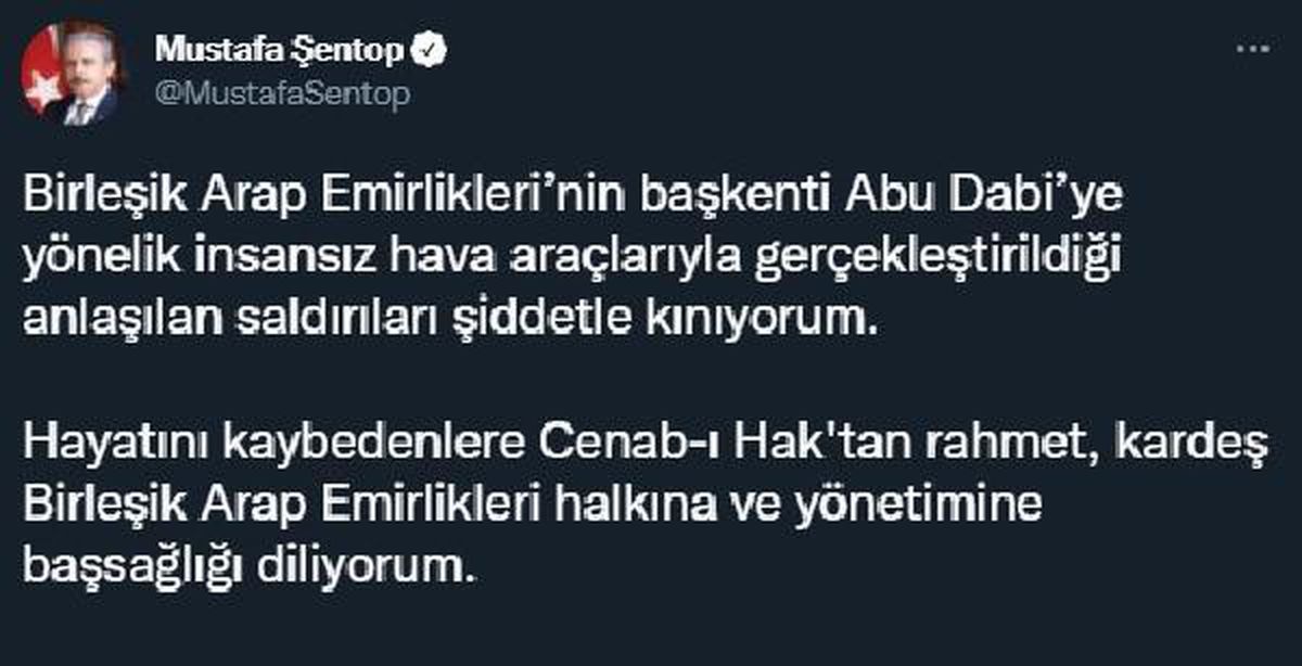 TBMM Başkanı Şentop, BAE\'ye yapılan saldırıyı kınadı
