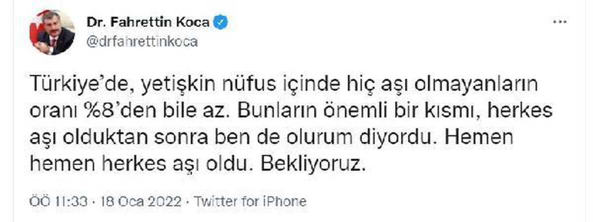 Son dakika haberleri! Sağlık Bakanı Koca: "Kovid-19 aşısı olmayanların oranı yüzde 8\'den az"