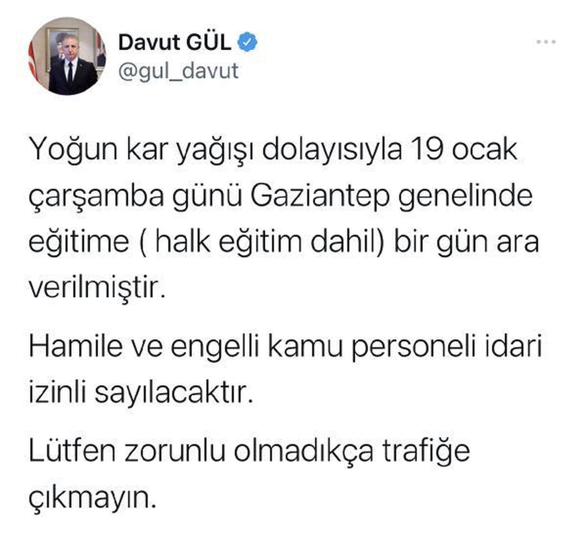 Gaziantep\'te okullar yarın da tatil